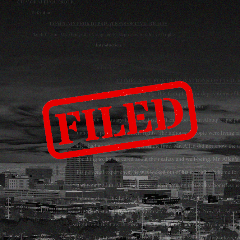 Stylized black and white image of the city of Albuquerque with the word "FILED" in front of it in red letters