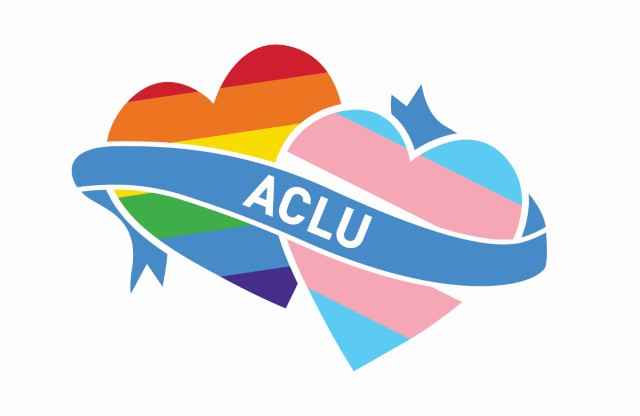 One heart with rainbow coloring and another heart alternating with pink and blue together under a blue banner that says ACLU