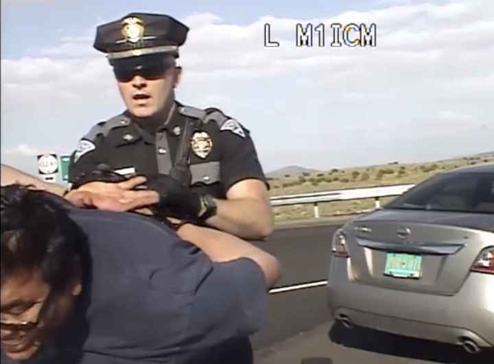 Dametrio Maldonado is slammed onto a police cruiser by a state police officer during his horrific encounter after trying to assist a crashed motorist.